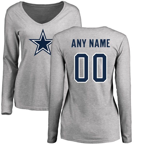 Women Dallas Cowboys NFL Pro Line by Fanatics Branded Ash Custom Name and Number Logo Long Sleeve T-Shirt